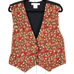 Vintage 90s Ellen Ashley Red Beaded Vest Fall Leaves Large Cotton Button